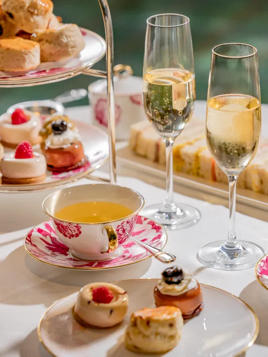 Pink and white floral china with tiered platter of sweets and bites for Afternoon Tea in Beverly Hills