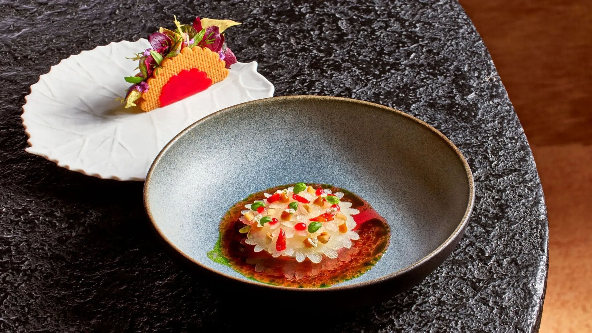 Kohlrabi and goat's cheese dish at Woven by Adam Smith, Coworth Park