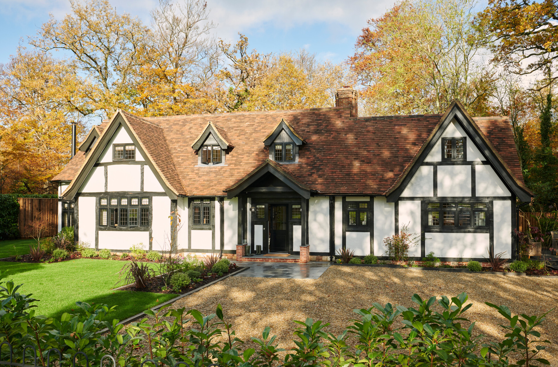 A charming house with a lush yard and autumn trees in the background.