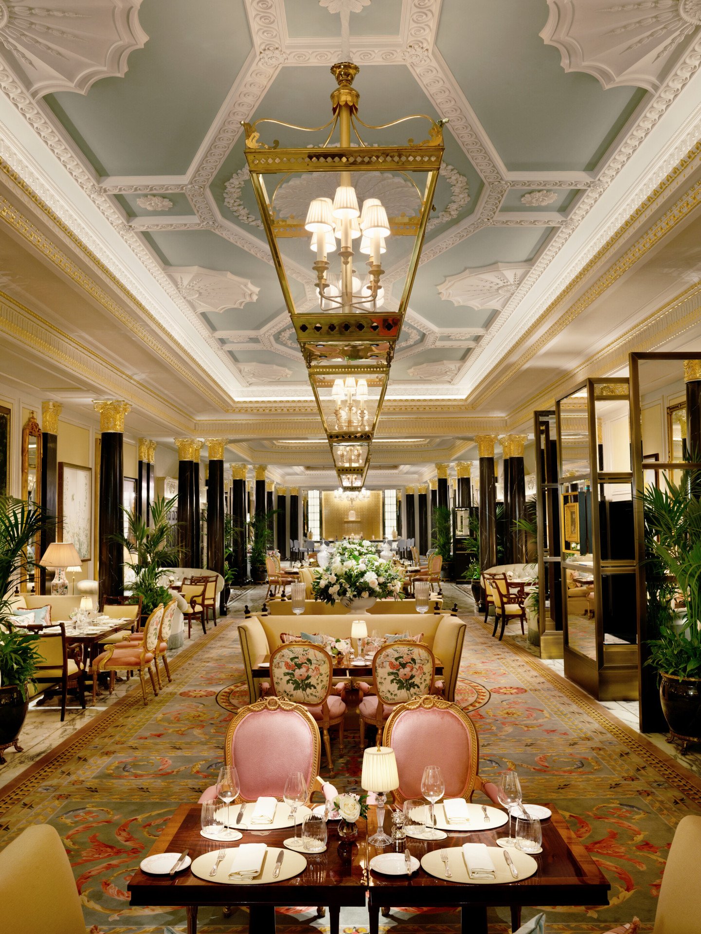 The Promenade at the Dorchester artwork and set up for afternon tea