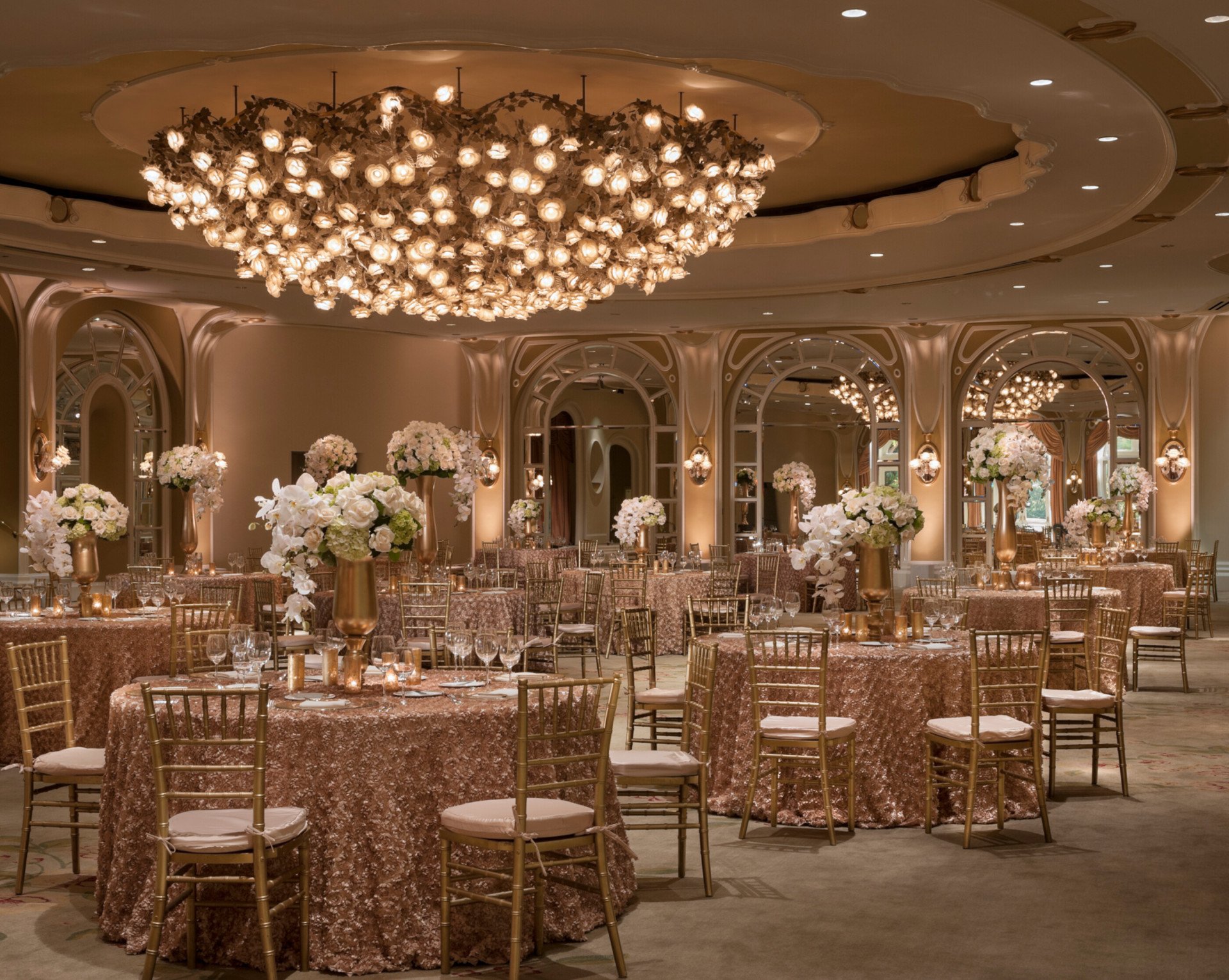 Social event set up in Crystal Ballroom at The Beverly Hills Hotel, Los Angeles 