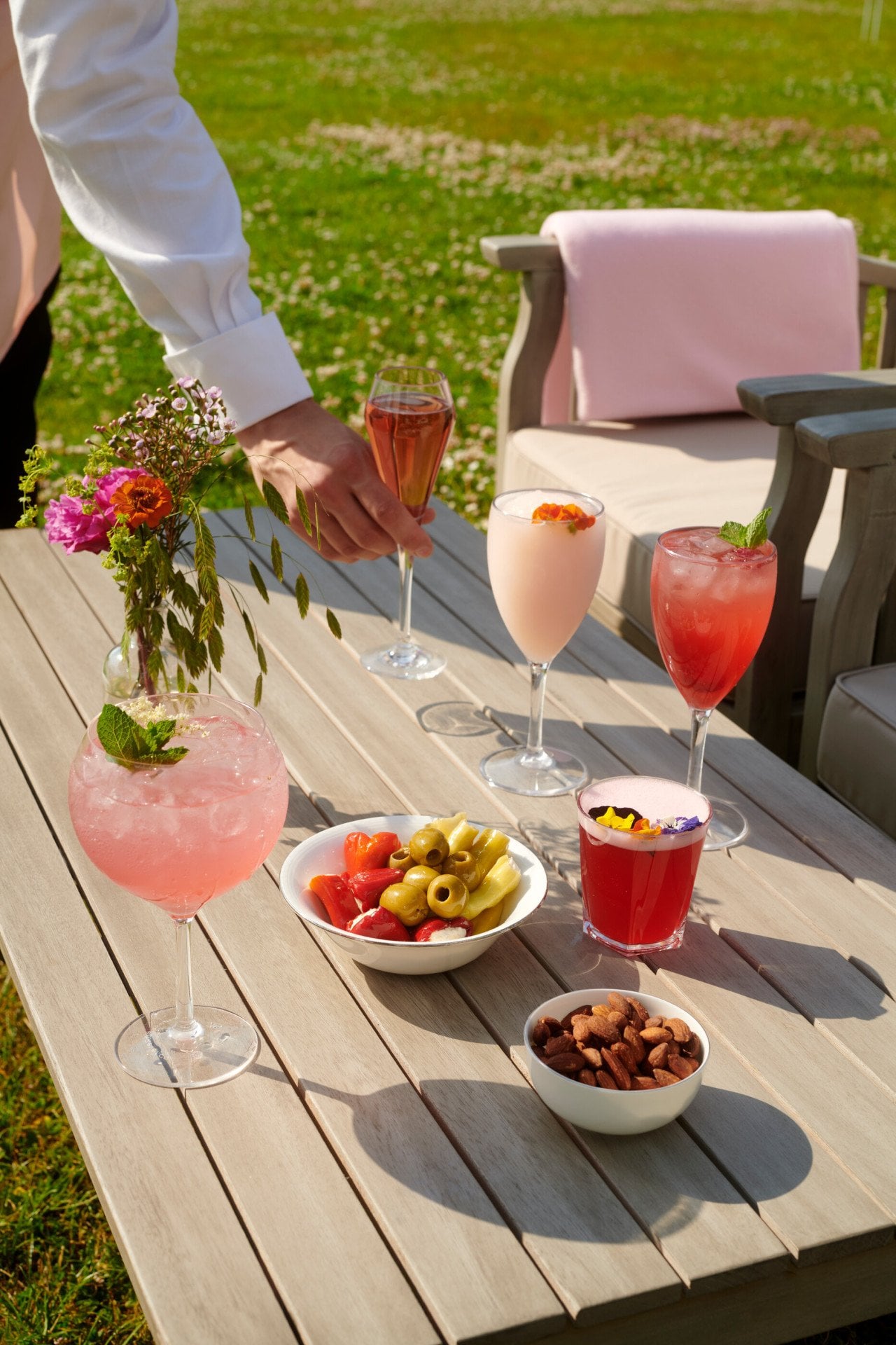 Afternoon sunlight on the Rose Lawn Bar at Coworth Park