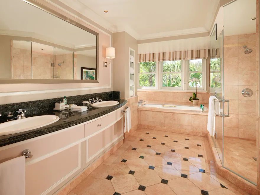 Deluxe Guestroom Bathroom with Pink Marble at The Beverly Hills Hotel