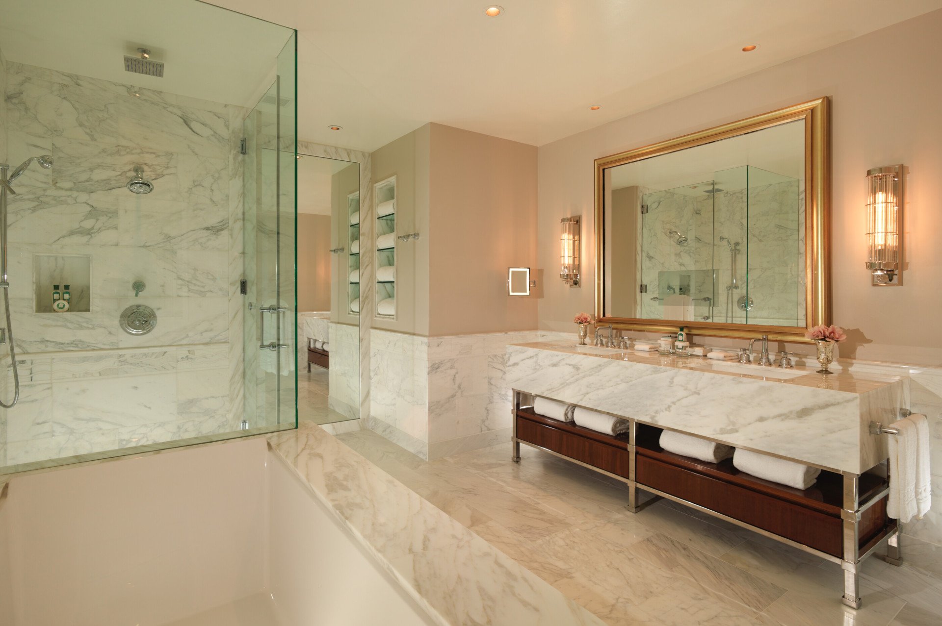 Bungalow 8A Bathroom with White Marble at The Beverly Hills Hotel, Los Angeles 