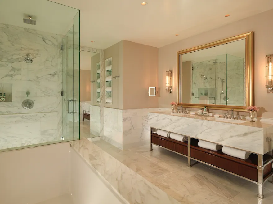 Bungalow 8A Bathroom with White Marble at The Beverly Hills Hotel, Los Angeles