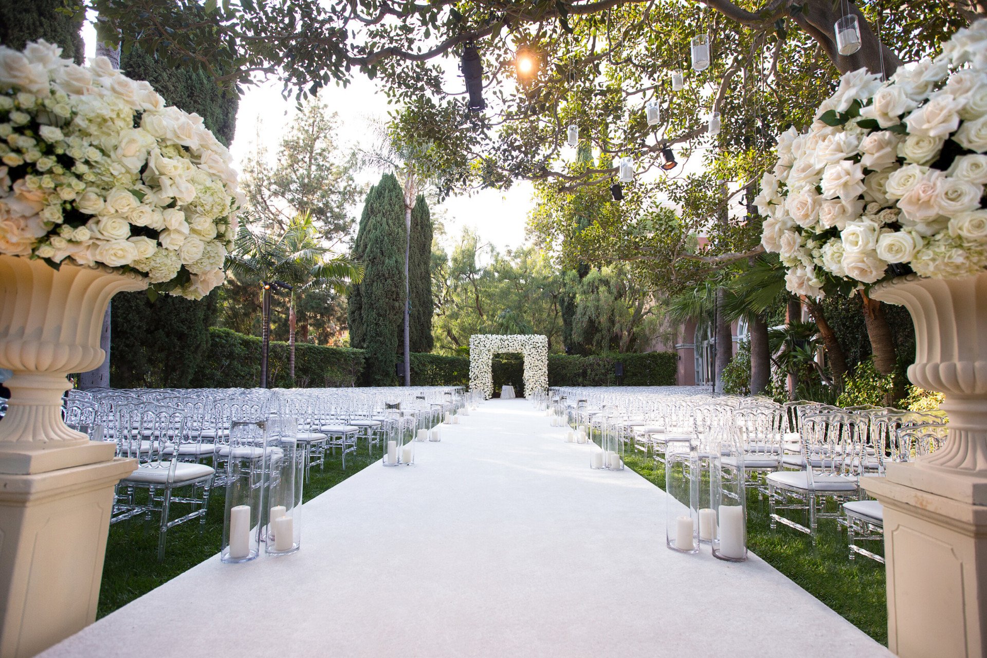Wedding ceremony garden set-up in Crystal Garden at The Beverly Hills Hotel