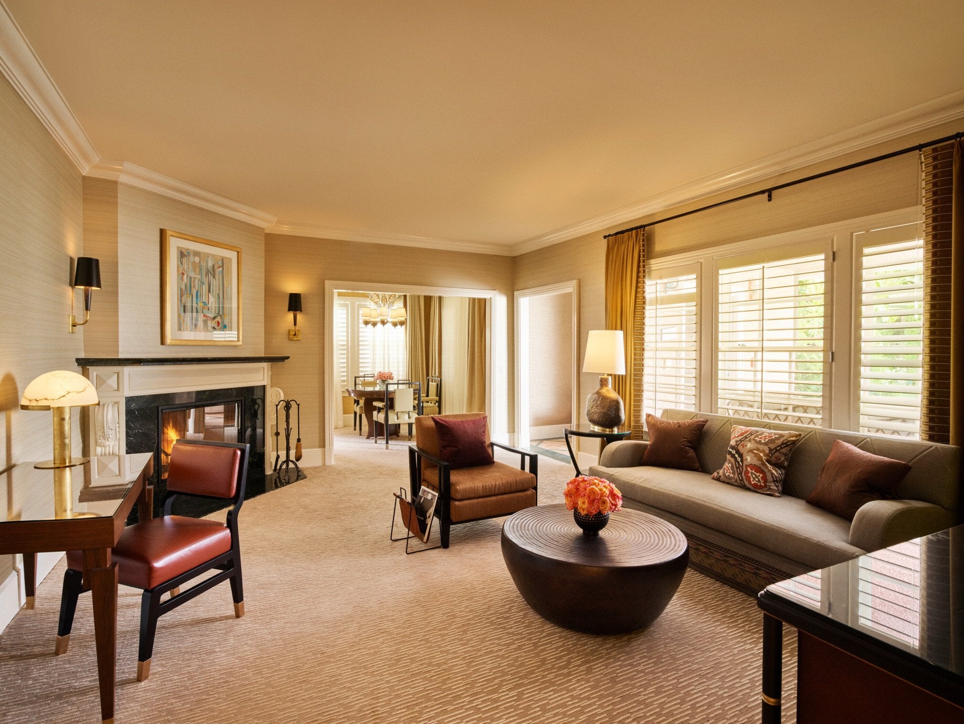 Crescent Bungalow Suite Living area with fireplace  at The Beverly Hills Hotel, Los Angeles