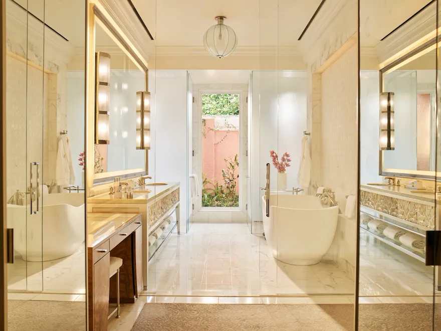 Master bathroom in presidential Bungalow 24A at The Beverly Hills Hotel