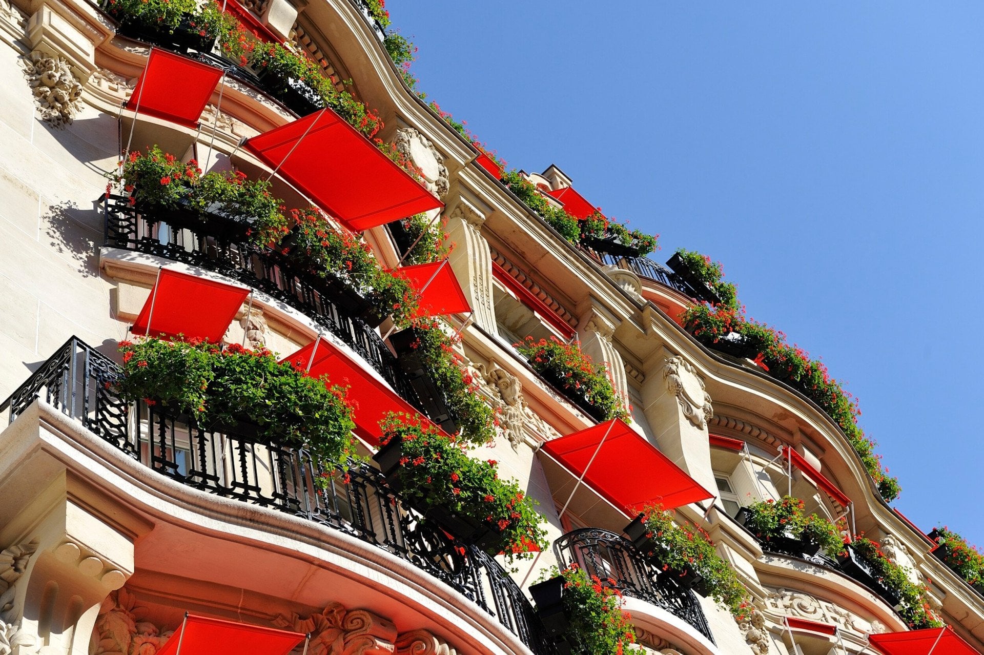 Hôtel Plaza Athénée building facade looking up from street at red awnings over windows, Paris