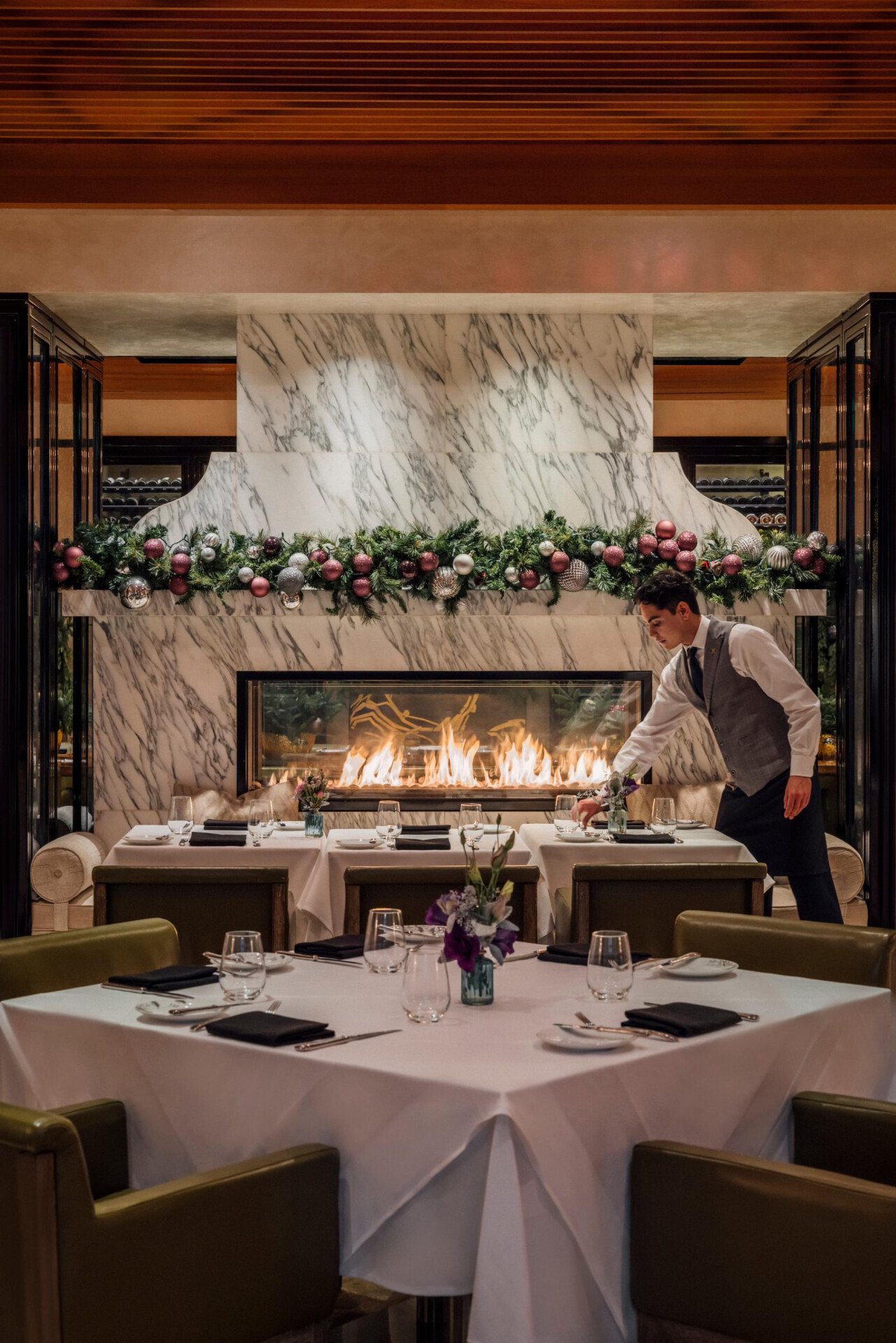 The restaurant at Hotel Bel-Air interior with festive decorations