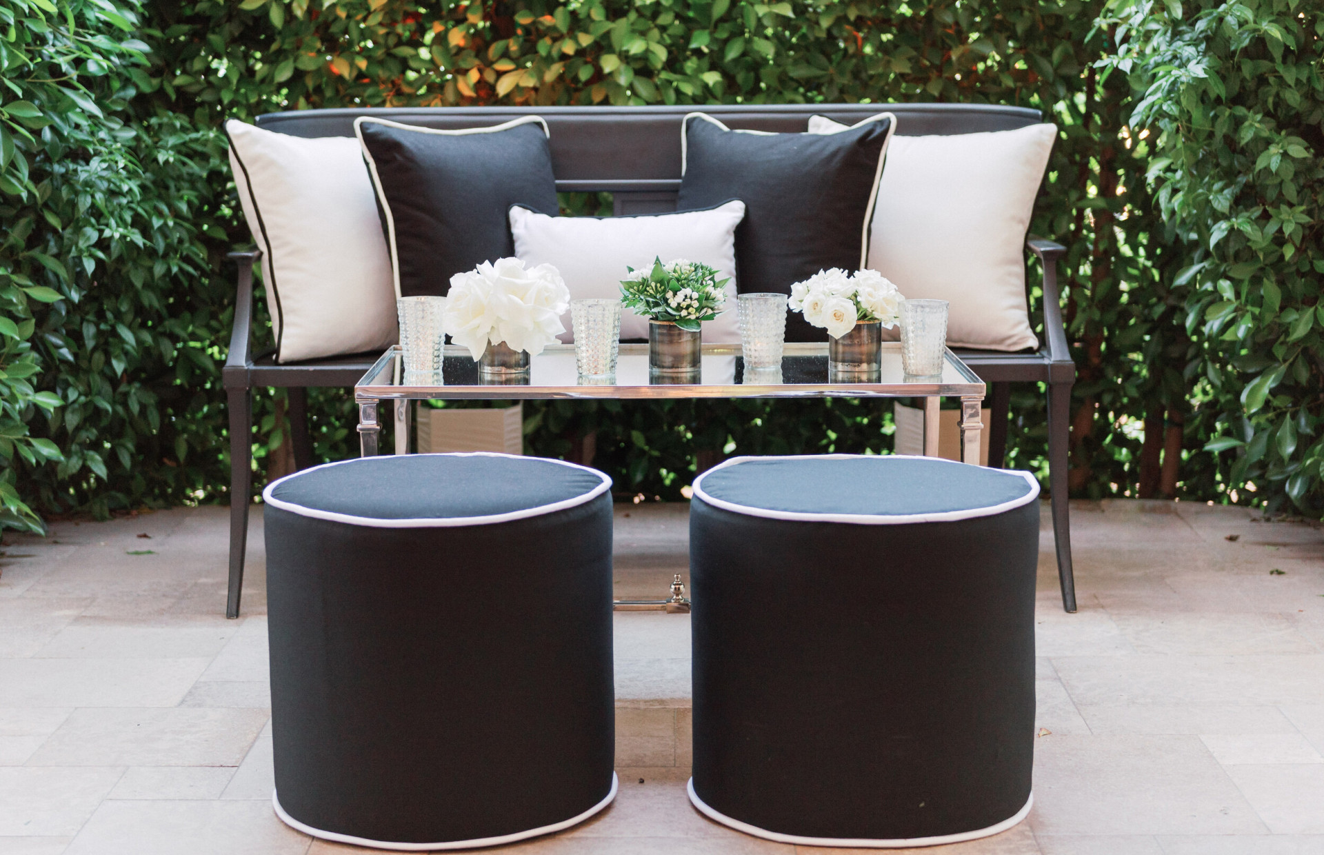 Seating area on ballroom courtyard at Hotel Bel-Air, Los Angeles