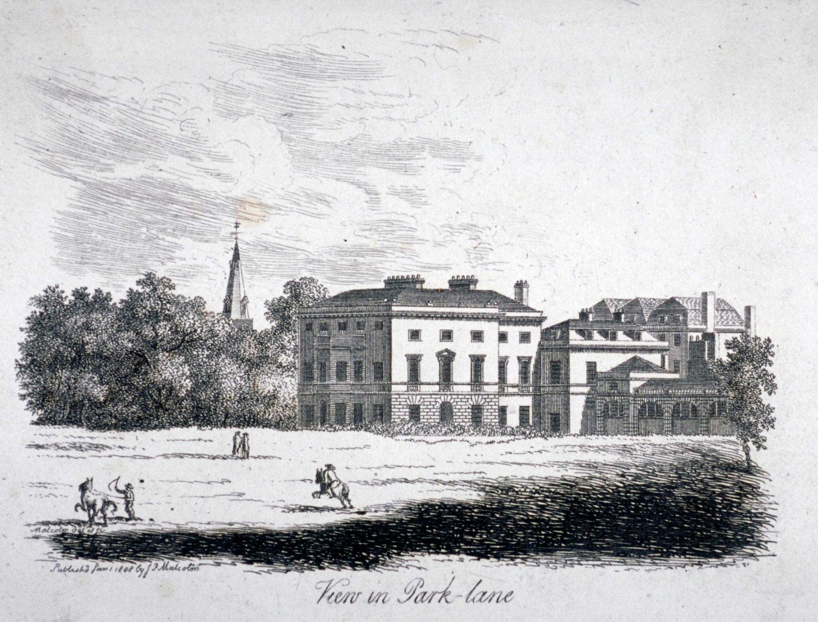 Black and white illustration showing Dorchester House on Park Lane 