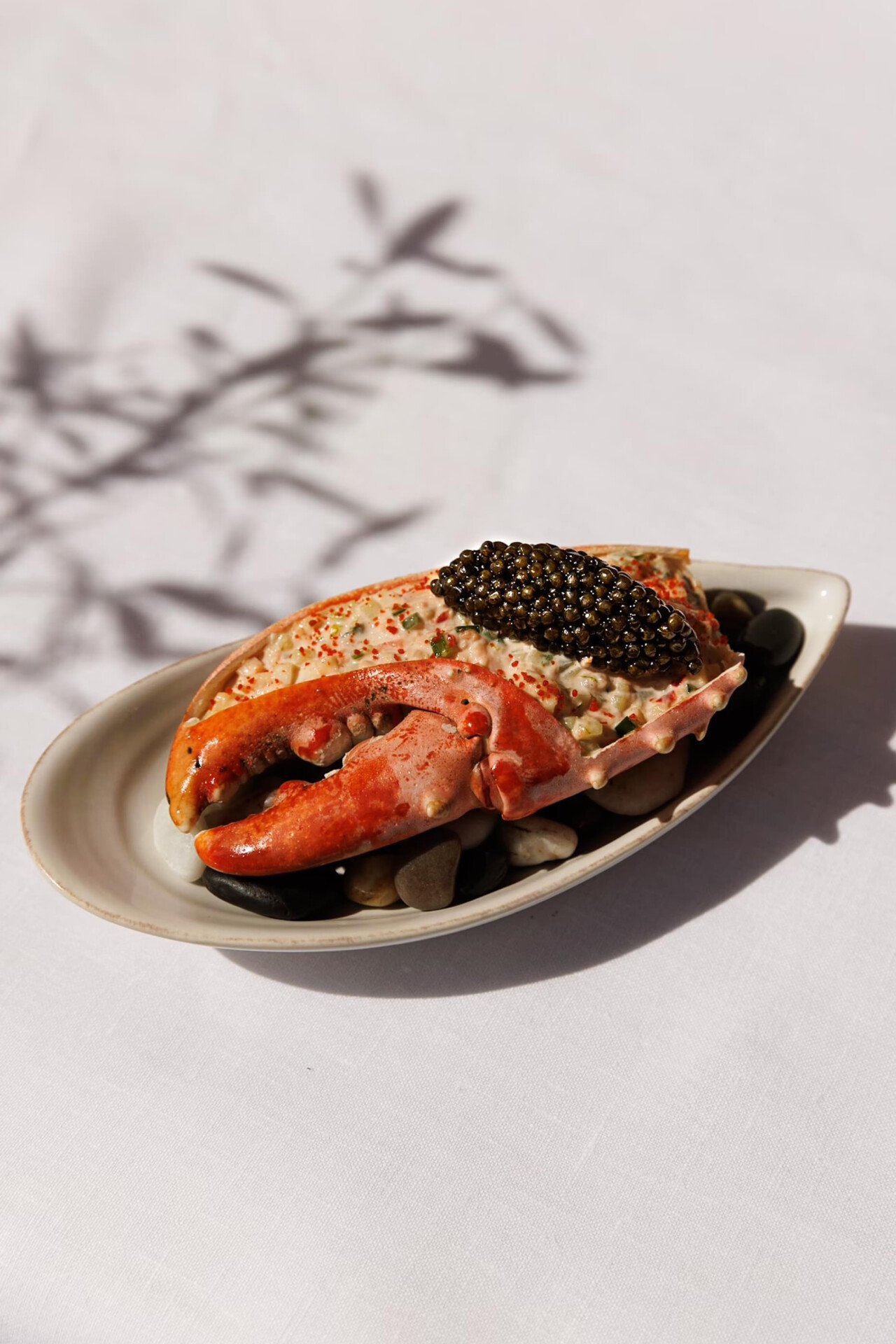 Um prato de marisco criativamente apresentado, com uma suculenta garra de lagosta recheada com uma mistura cremosa de marisco, coberta com caviar preto. É servido num prato oval branco apoiado sobre seixos lisos de cor escura. O ambiente transmite elegância e luxo.