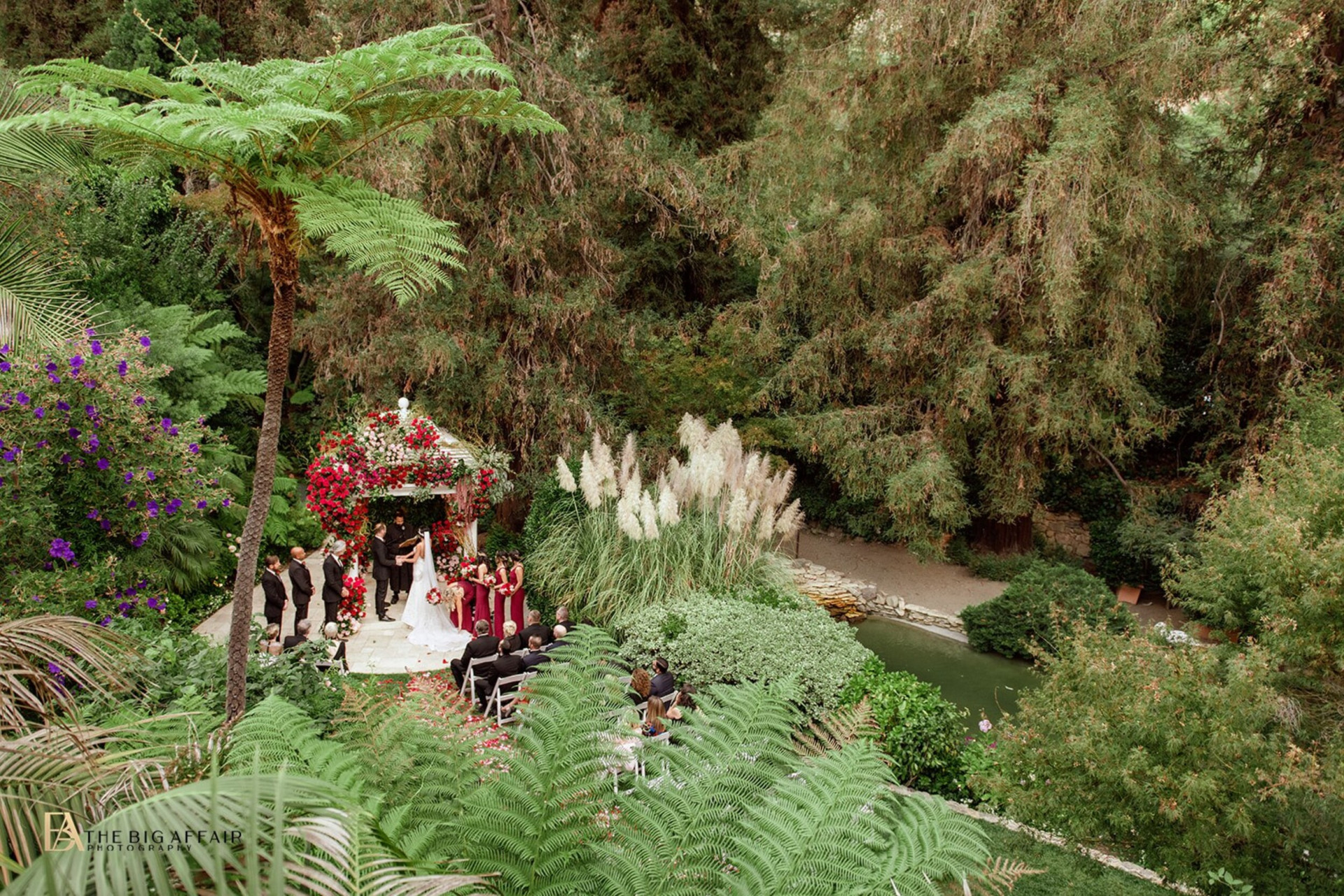 Aerial view of wedding ceremony at Swan Lake, Hotel Bel-Air in Los Angeles