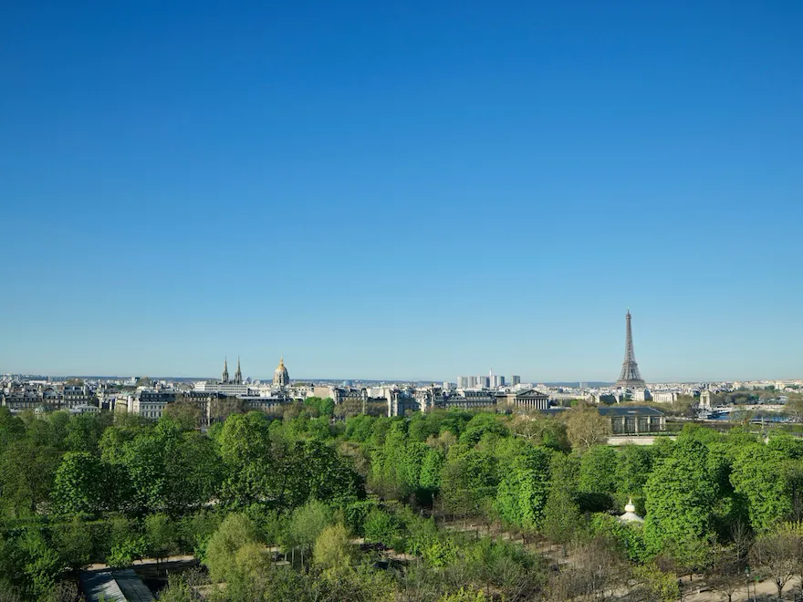 View from an executive room, with the Tuileries gardens in the forefront and the Eiffel Tower in the back. At Le Meurice, Paris.