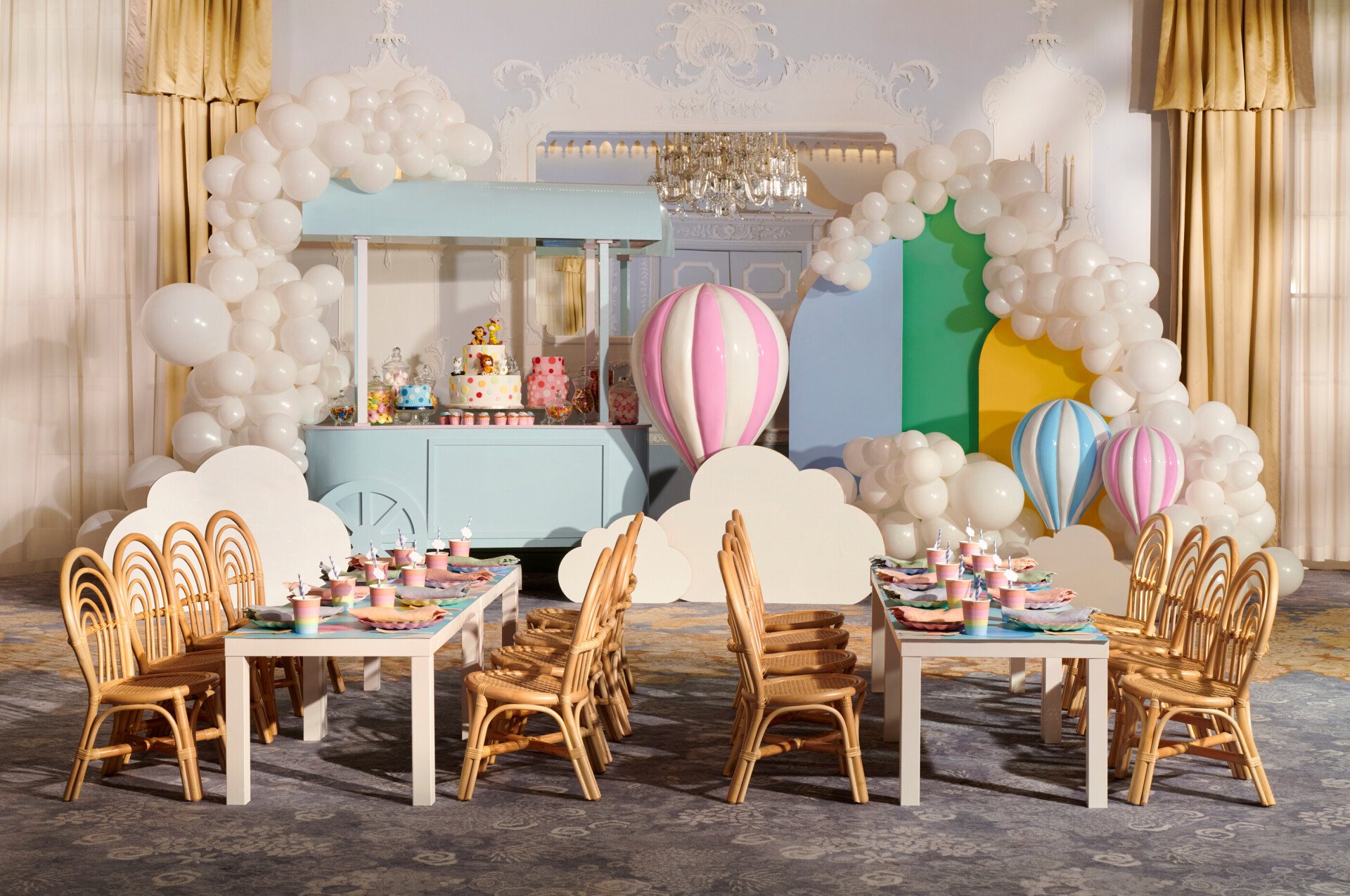 Cloud and hot air balloon themed Children's Party in the Orchid at The Dorchester