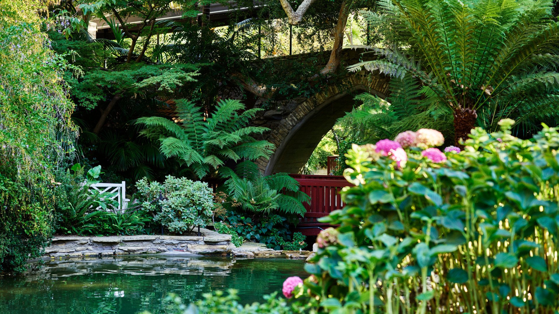 Swan lake and flowers under the bridge at Hotel Bel-Air