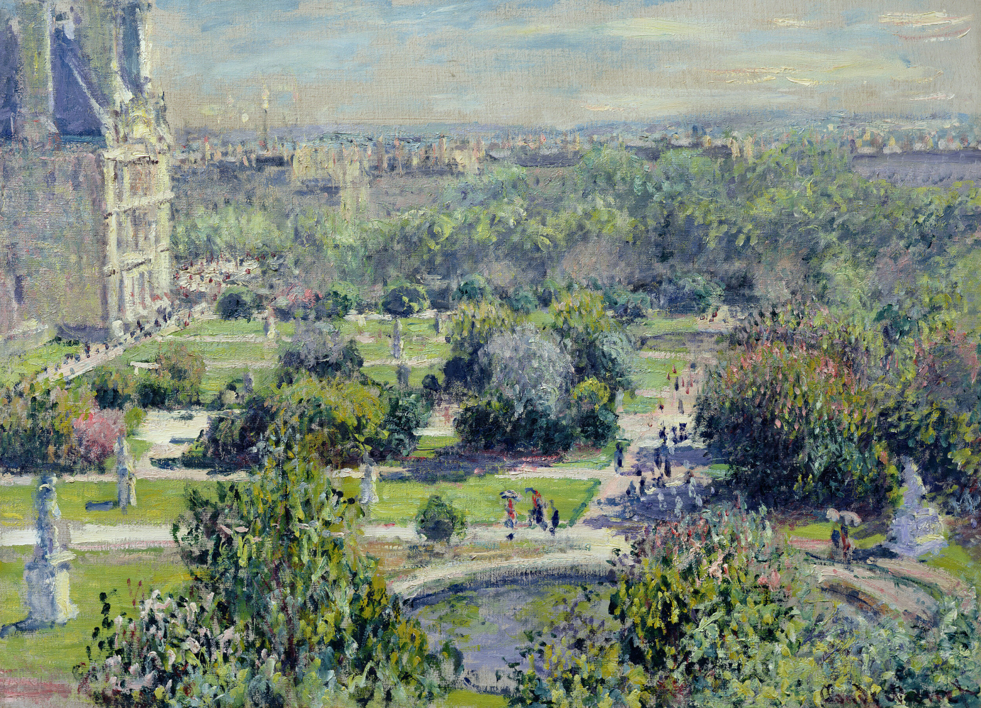 Tableau Monet du Jardin des Tuileries avec des gens se promenant dans le jardin, de nombreux arbres et la ville à l’arrière du tableau, au Meurice, Paris