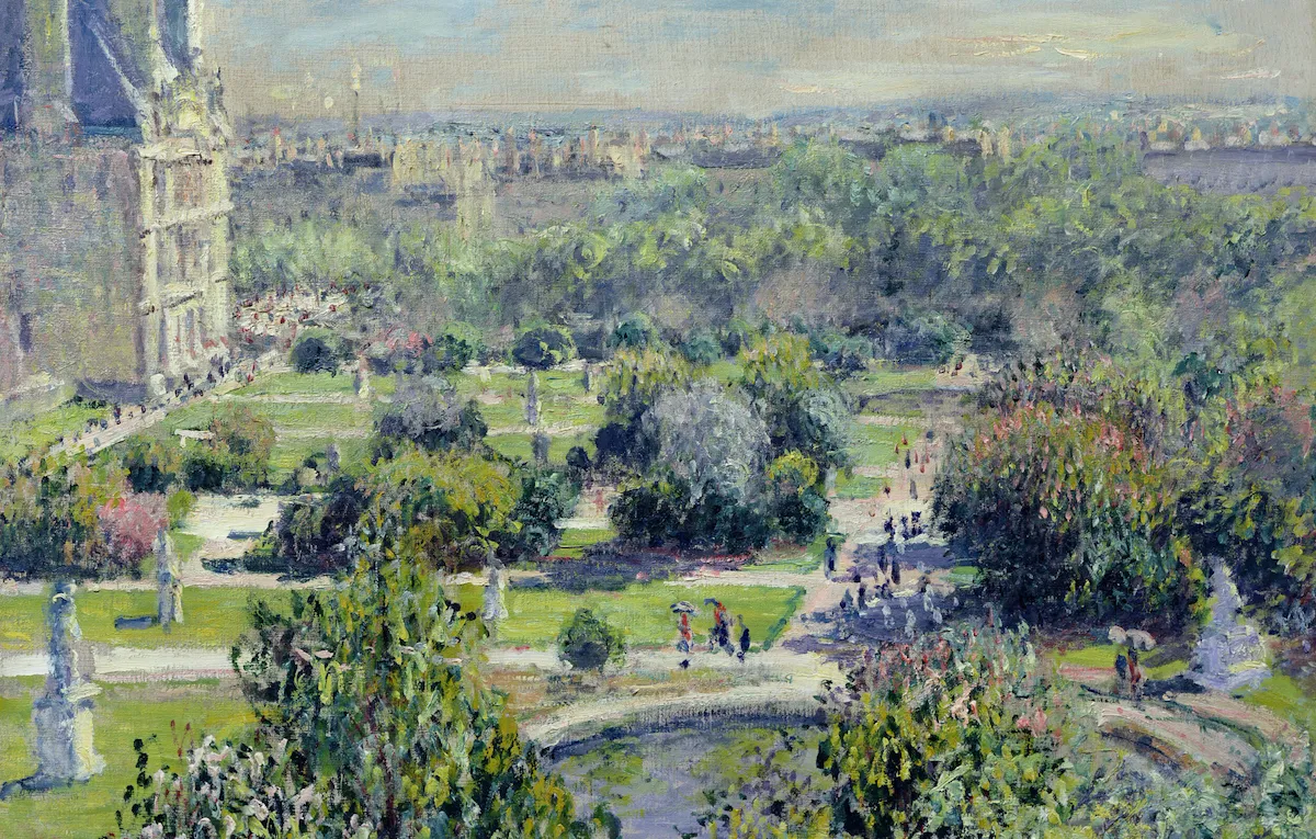 Tableau Monet du Jardin des Tuileries avec des gens se promenant dans le jardin, de nombreux arbres et la ville à l’arrière du tableau, au Meurice, Paris