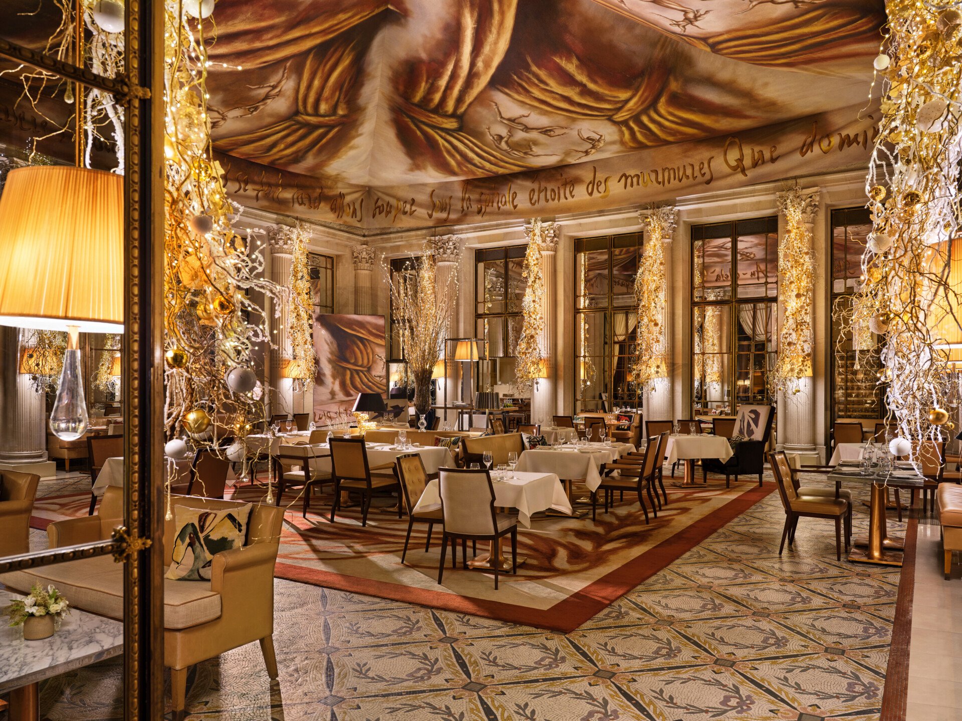 Large view from the Bar 228 on Le Restaurant Le Dali during Christmas season with Christmas decorations, at Le Meurice, Paris