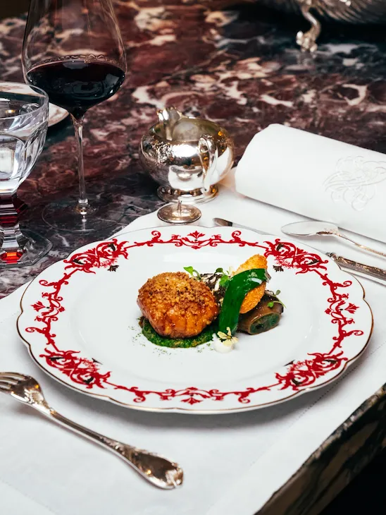 Veal and vegetables in a plate served at Jean Imbert au Plaza Athénée.