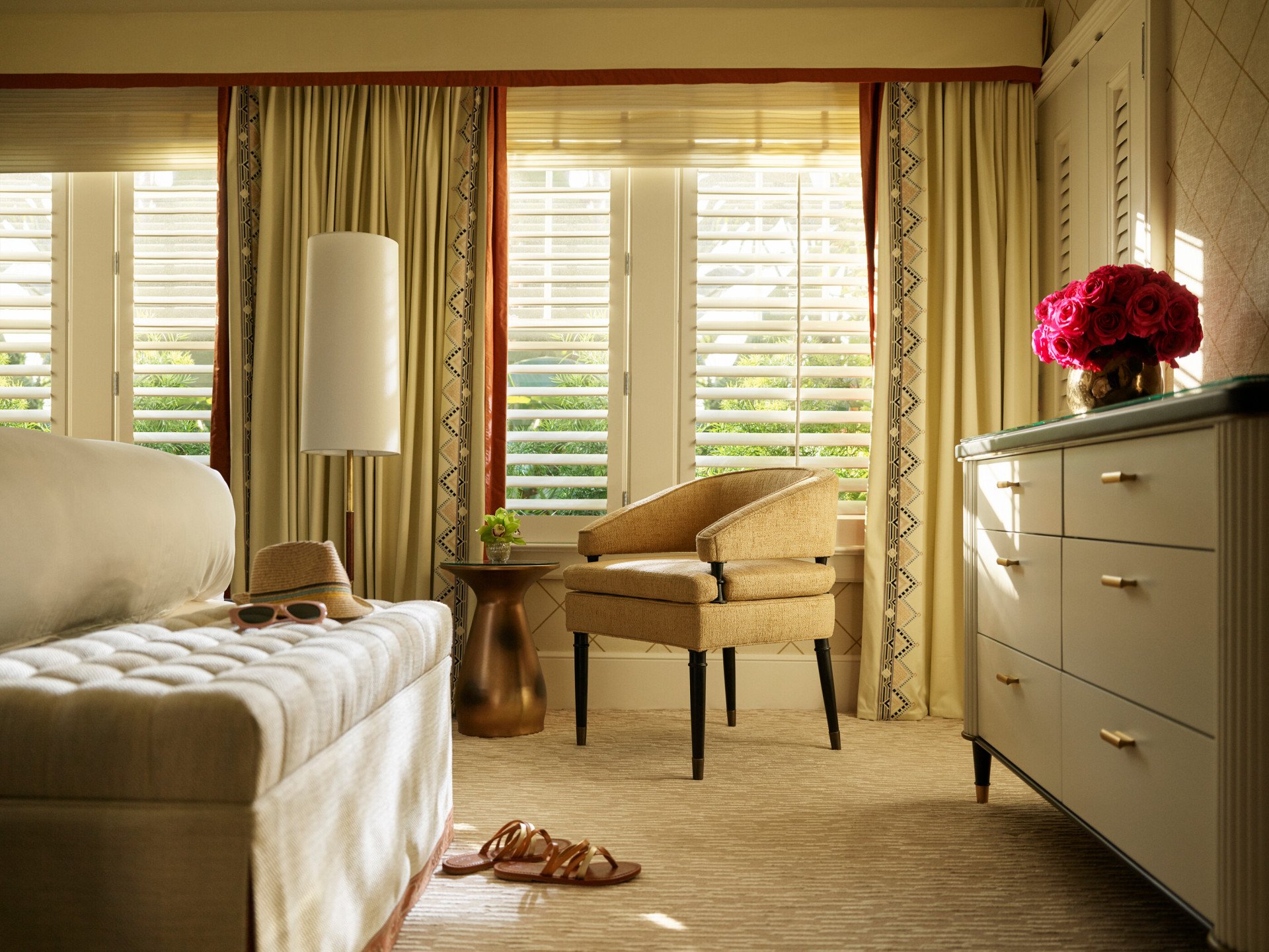 Beverly Hills Bungalow Suite Bedroom with hat, glasses and shoes 