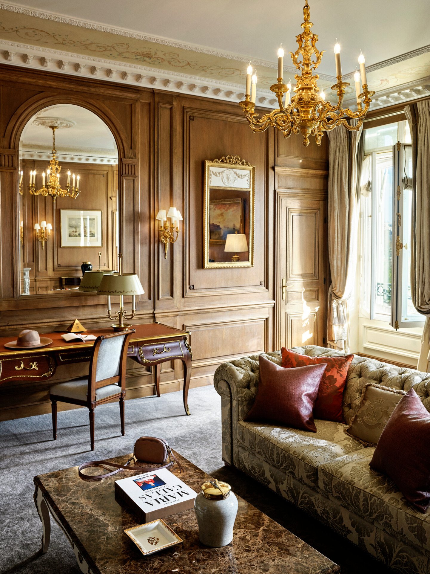 Details in the living room of the heritage suite at Le Meurice, Paris.