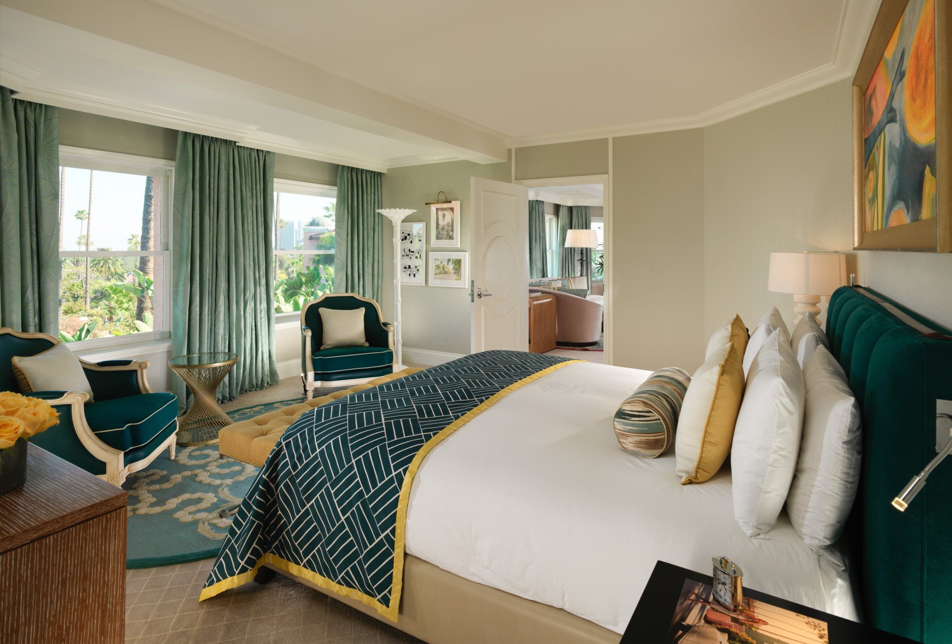 Beverly Hills Suite Bedroom with Palm Tree Views at The Beverly Hills Hotel 