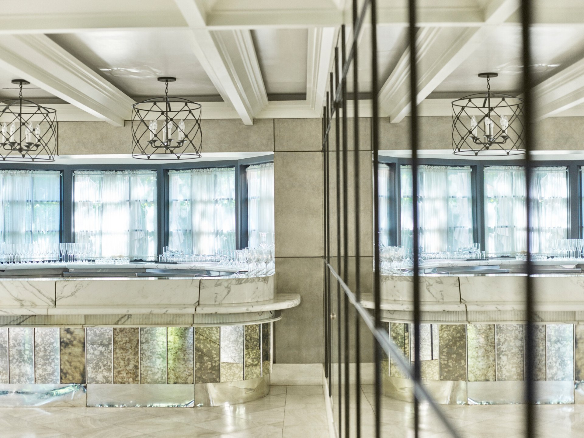 View facing the marble bar in the Garden Ballroom foyer at Hotel Bel-Air. 