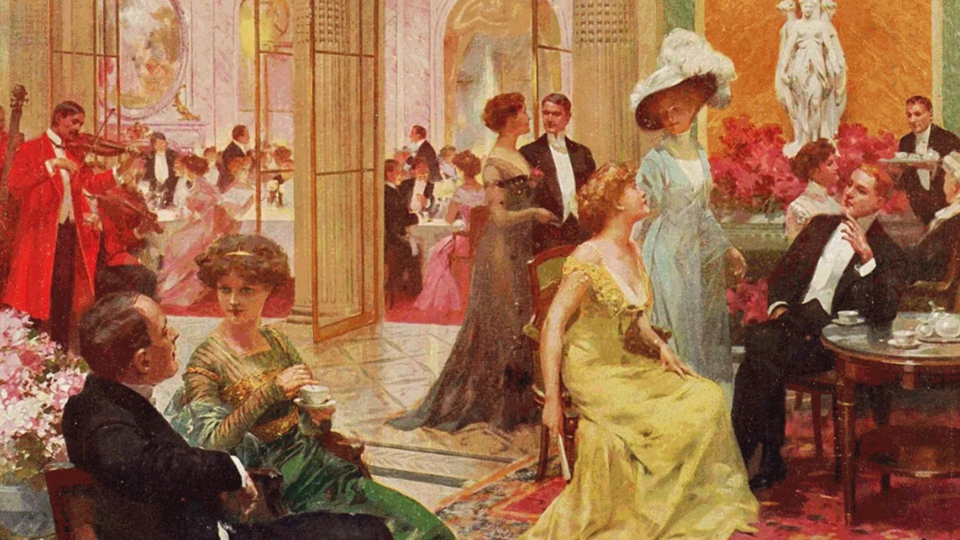 Peinture historique de personnes dans un salon au Meurice.