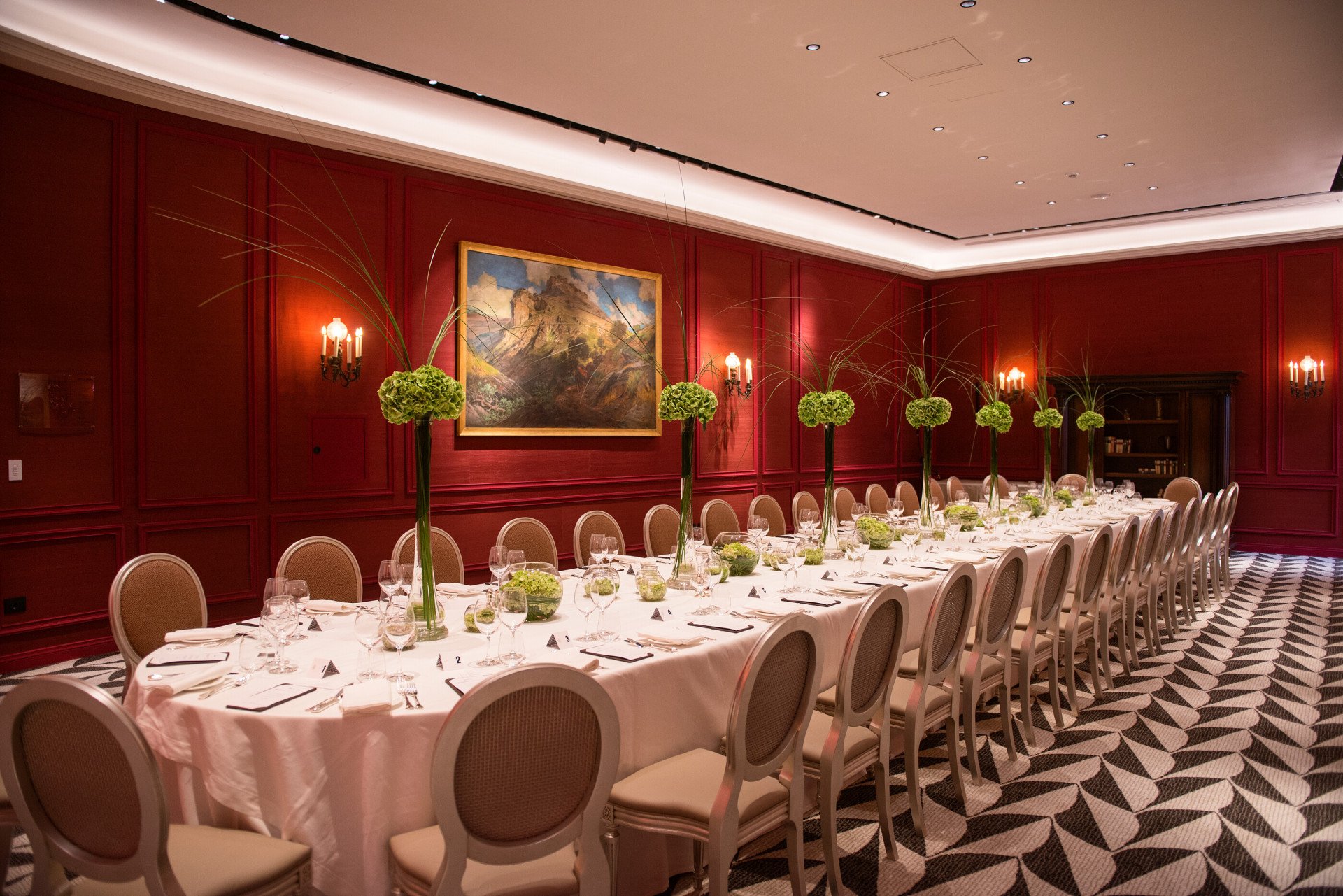Sala Borghese boardroom with table setup for private event and flower display at Hotel Eden, Rome
