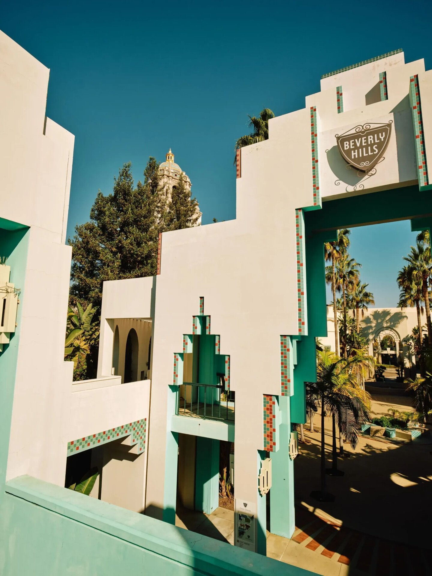 Civic Center's architectural exterior in Beverly Hills