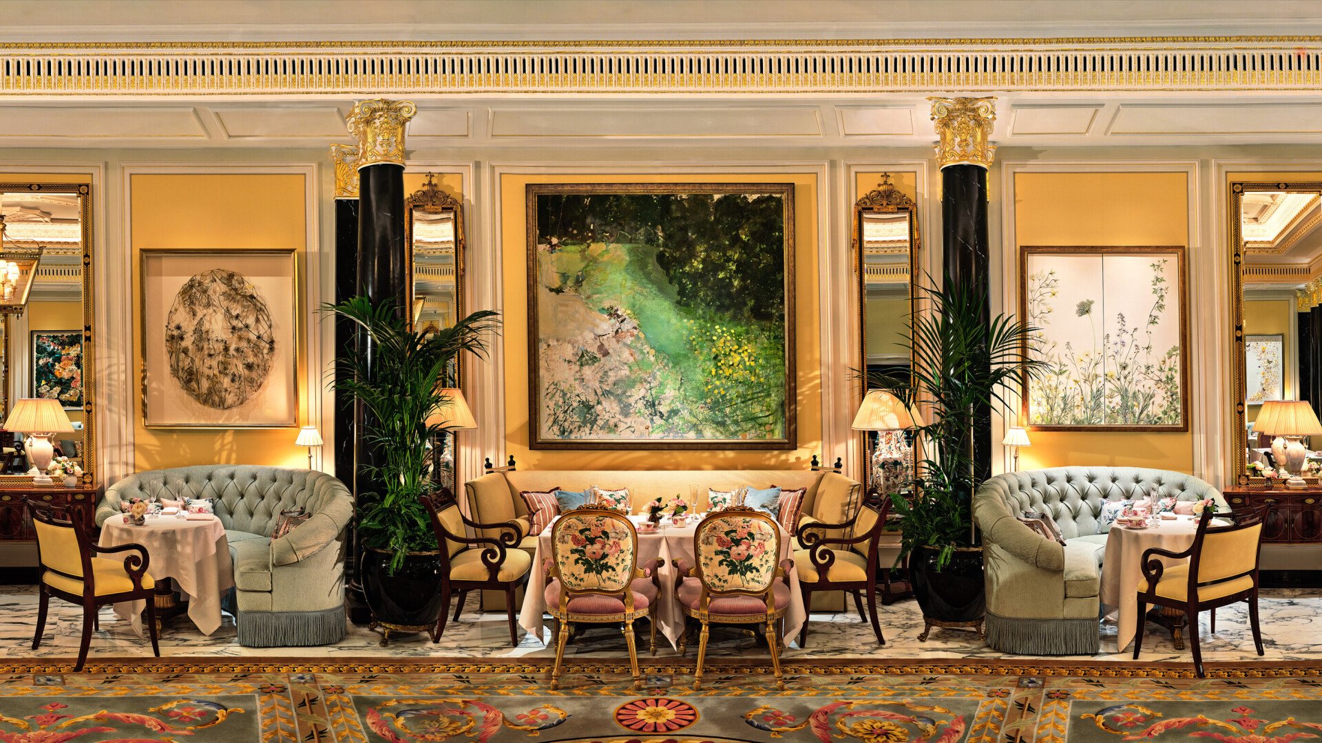 The Promenade tables, artwork in soft lighting 