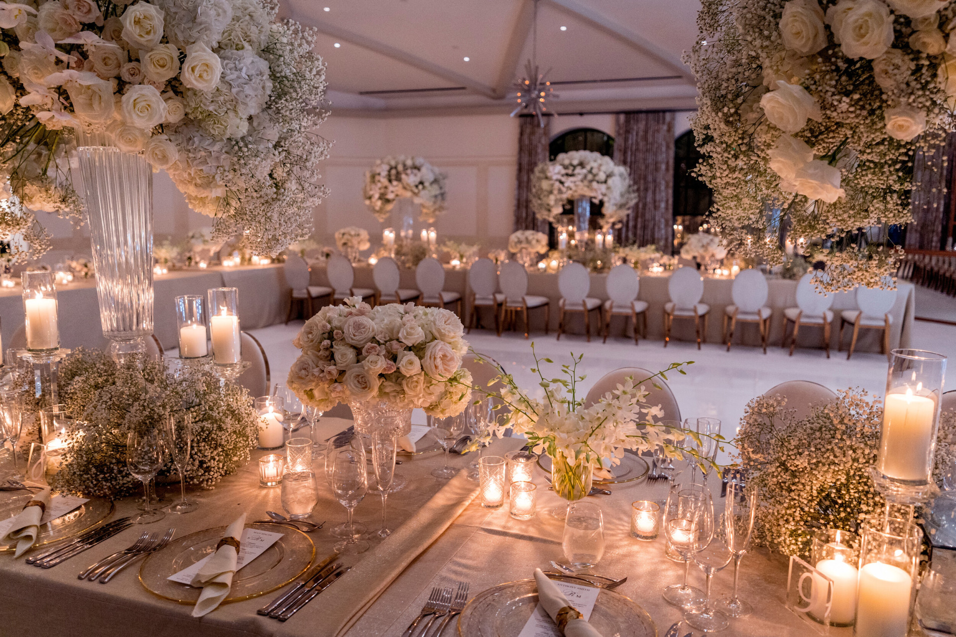 All white elegant wedding décor in garden ballroom at Hotel Bel-Air