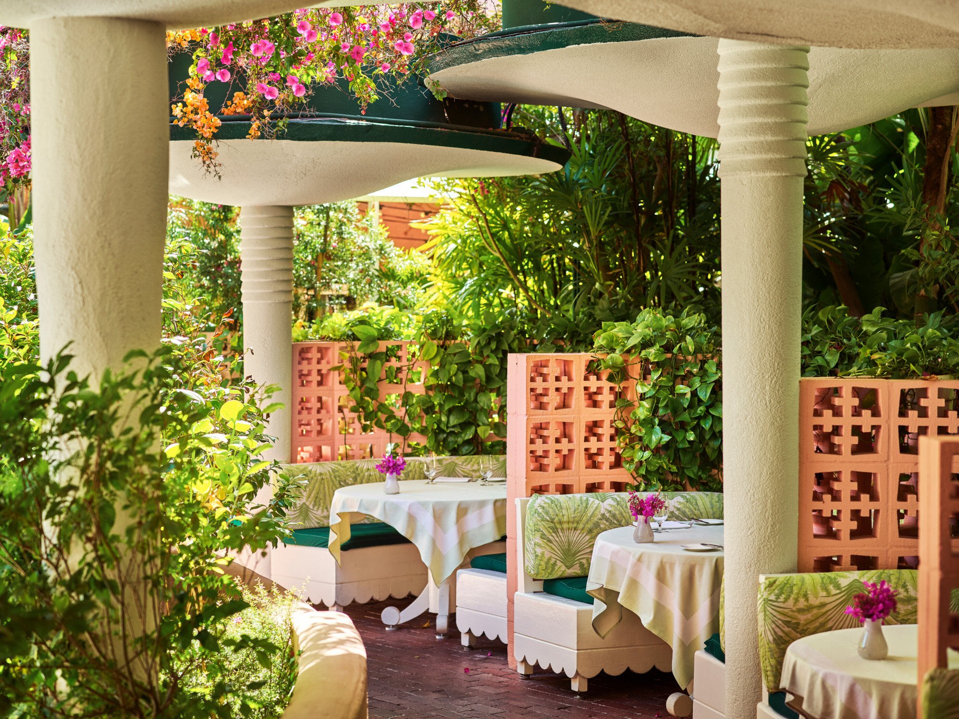The Polo Lounge exterior terrace booths at The Beverly Hills Hotel, Los Angeles