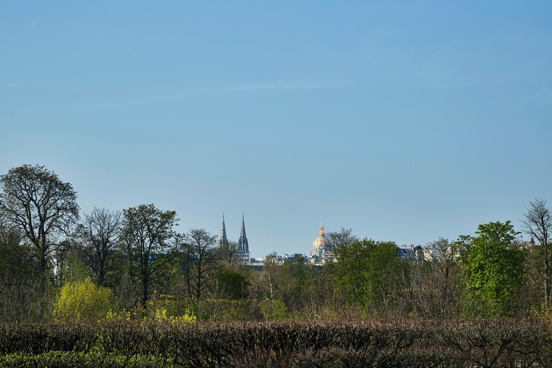 Vista da Suíte Heritage, com céu claro e árvores em primeiro plano na foto.  No Le Meurice, Paris.