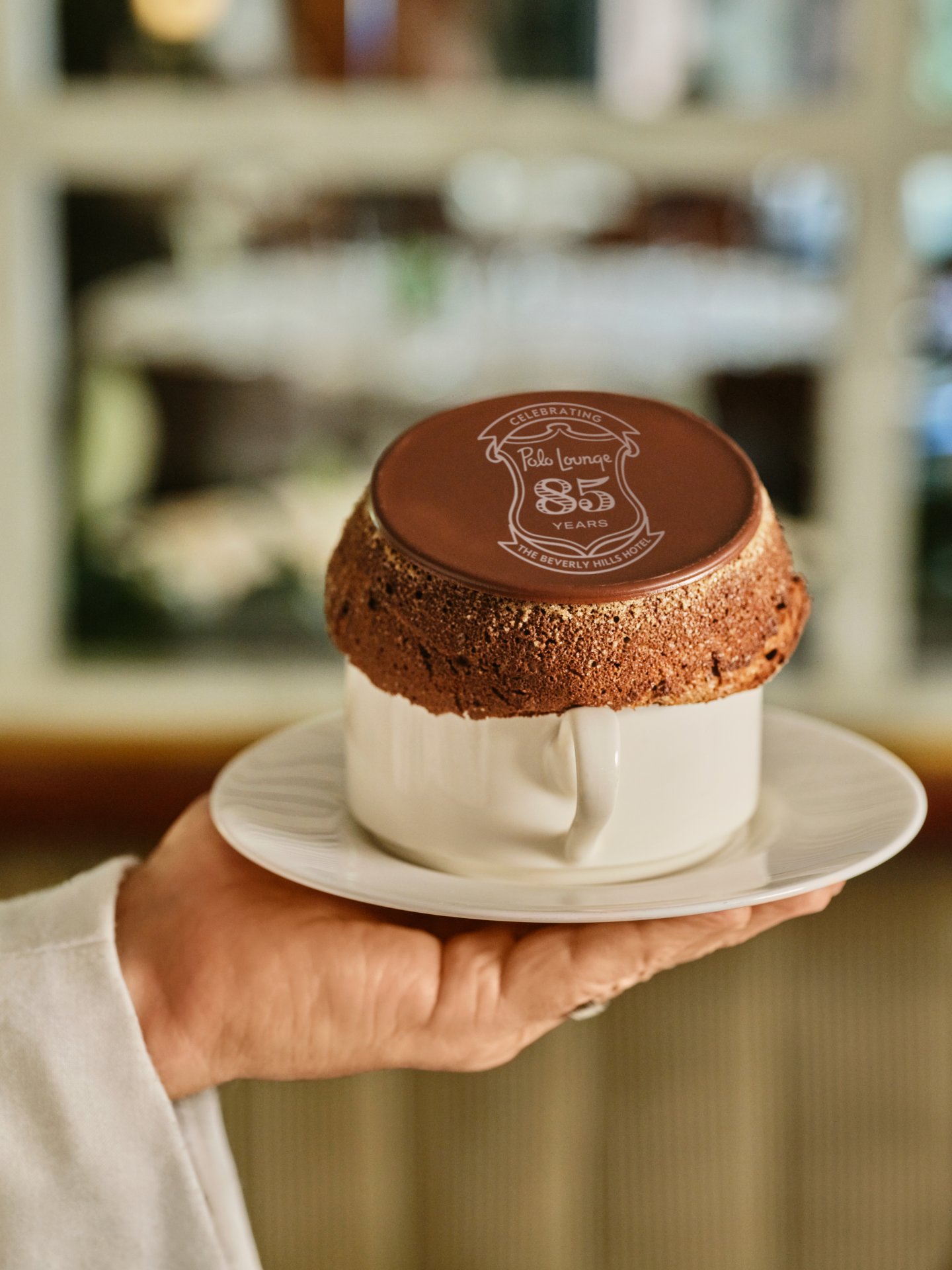 Hand holding a plate with a cake featuring a chocolate topping with a 85th anniversary logo