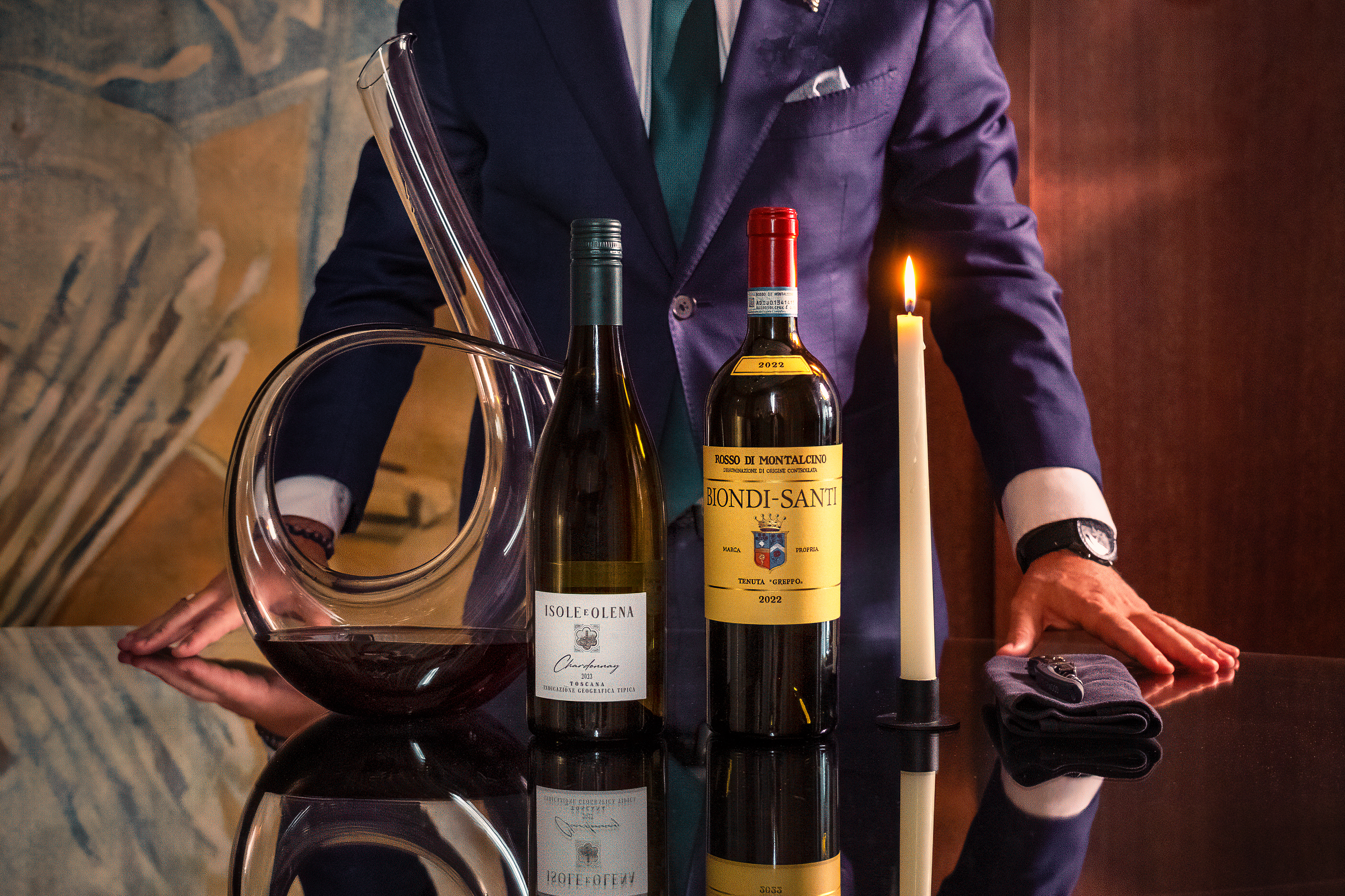 Italian wine selection with decanter presented by a sommelier at 45 Park Lane