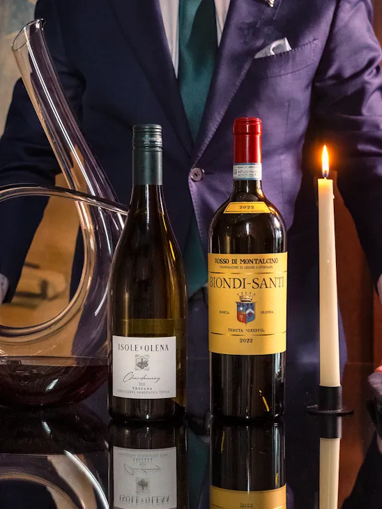 Italian wine selection with decanter presented by a sommelier at 45 Park Lane