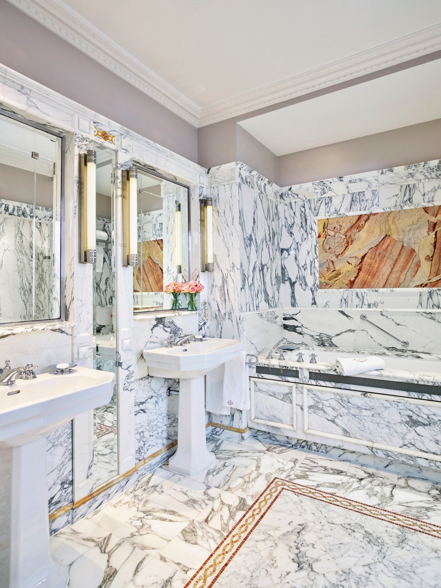 Portrait shot of the marble bathroom at Le Meurice, Paris.