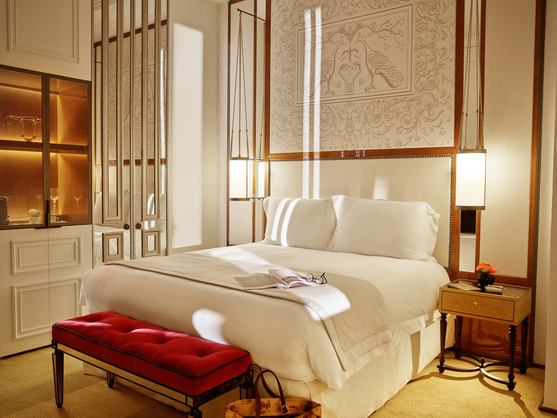  Bedroom of prestige room, headboard with peacocks illustration an mirrored wardrobe, at Hotel Eden, Rome