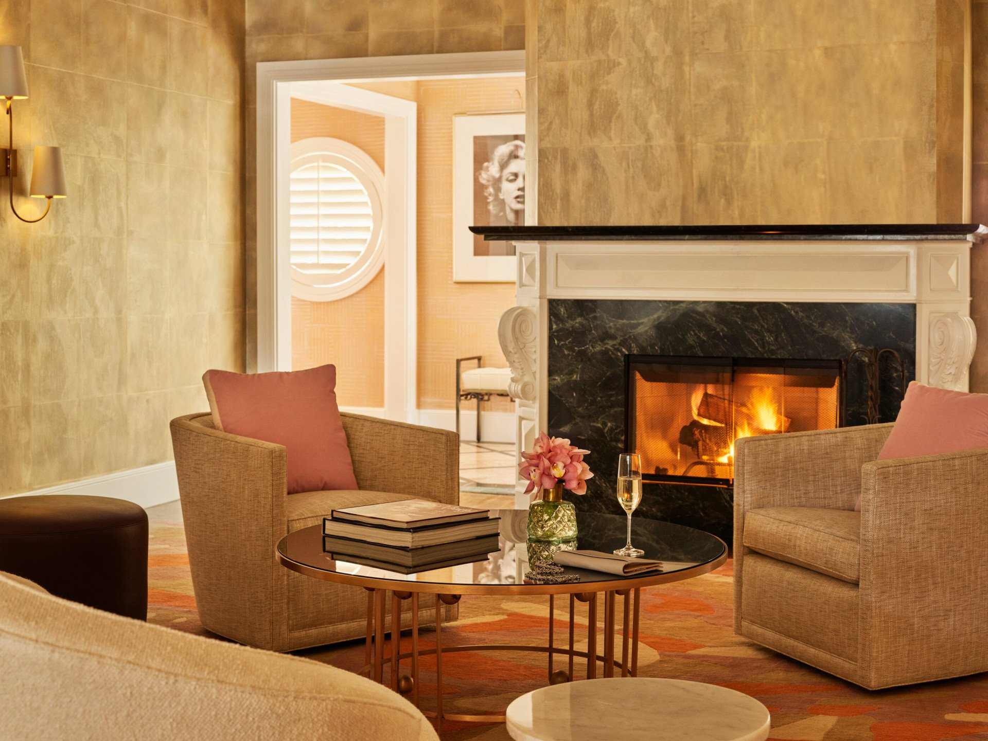 Bungalow 1A living room seating area with fireplace 