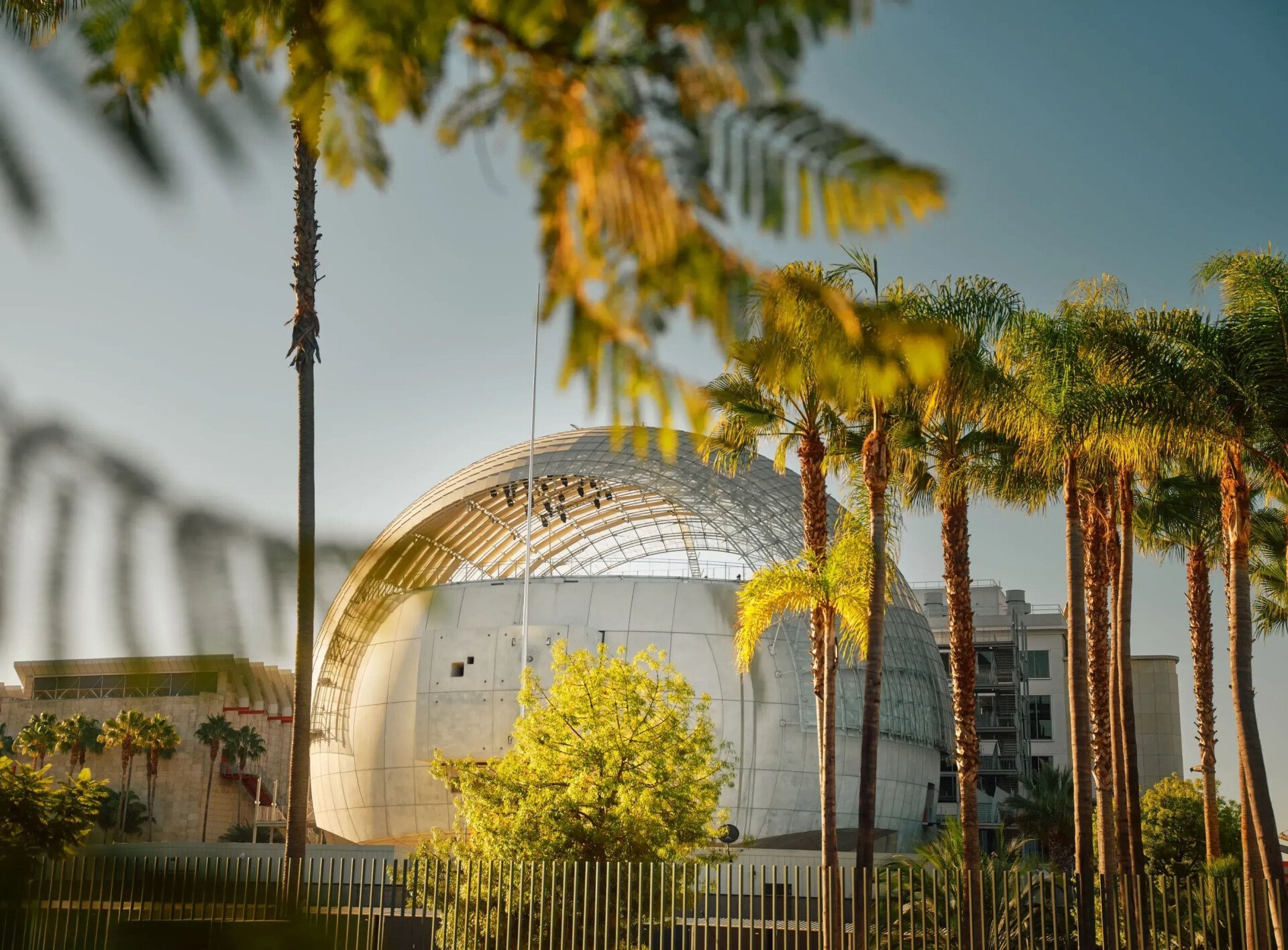 Architectural exterior and palm trees around of the Academy of Motion Pictures Museum in Los Angeles