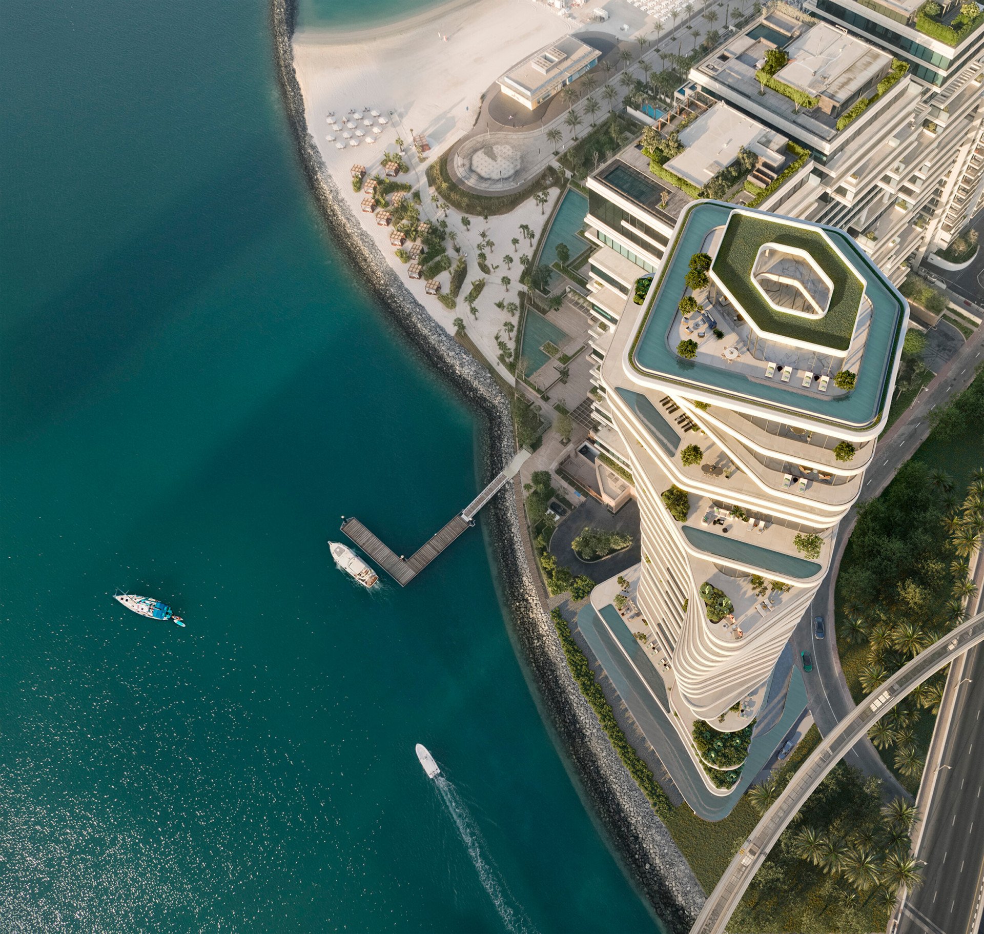 AVA at Palm Jumeirah bird's eye view of building and water jetty