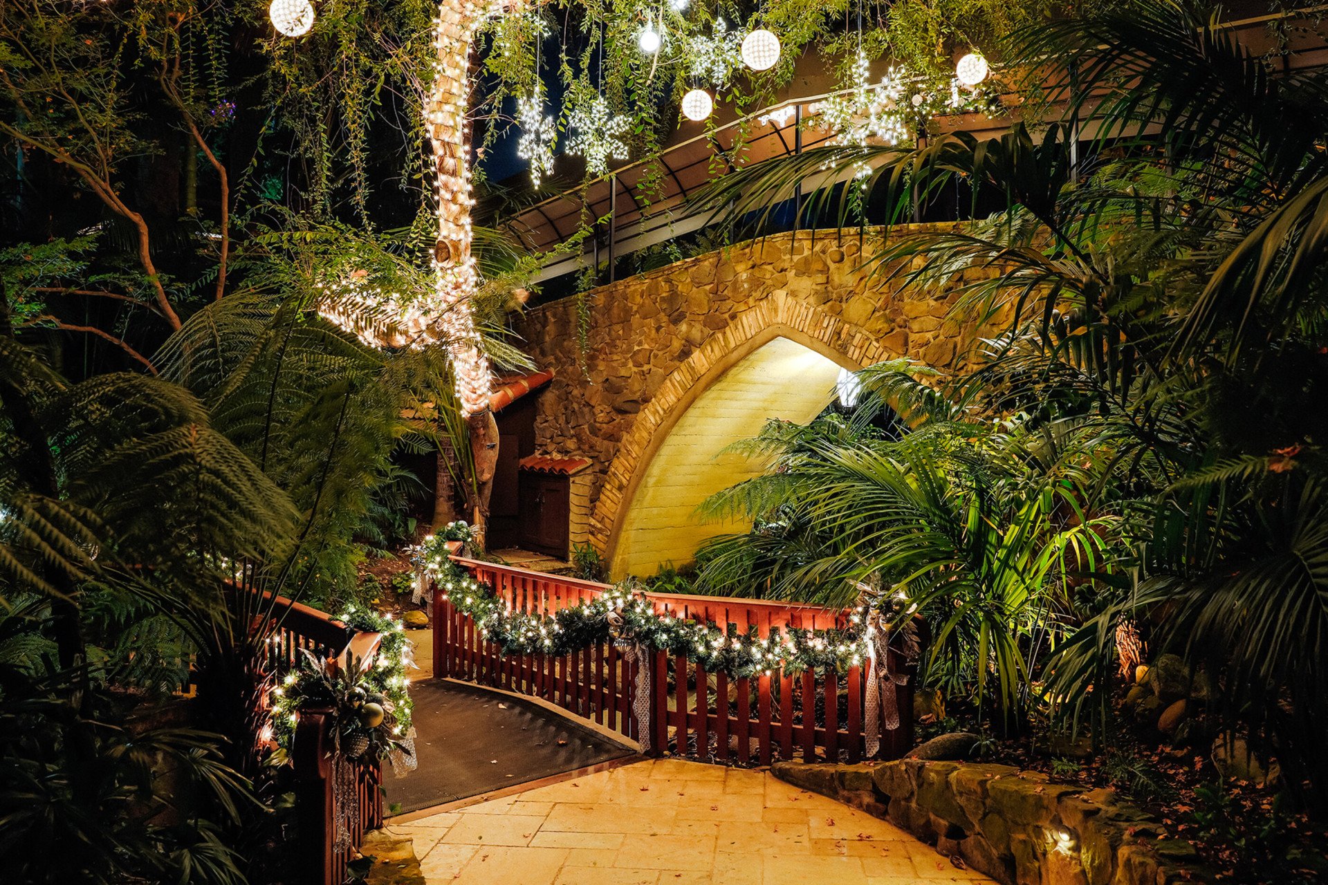Festive bridge over swan lake at Hotel Bel-Air