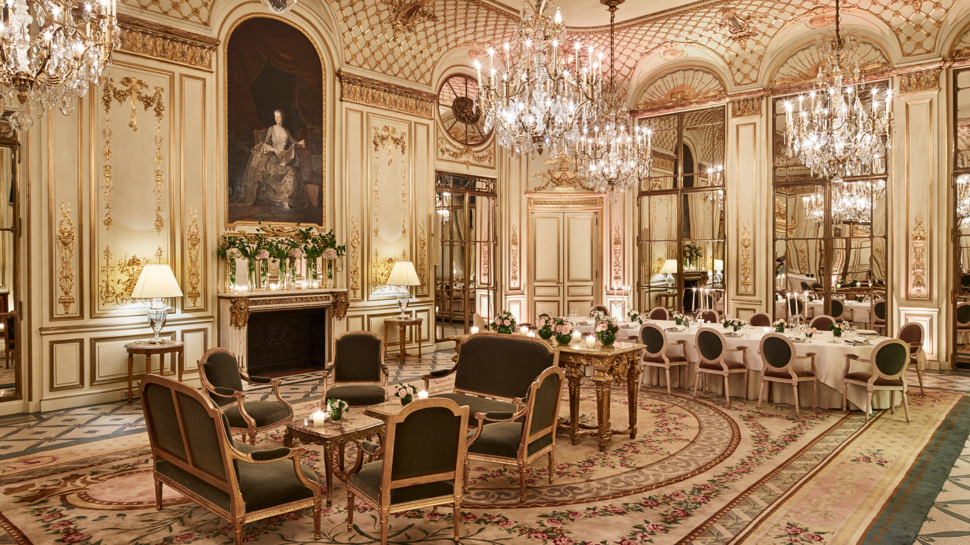 Photo of Salon Pompadour bright Versailles-style event room, set for dinner with round and large dressed tables at Le Meurice, Paris