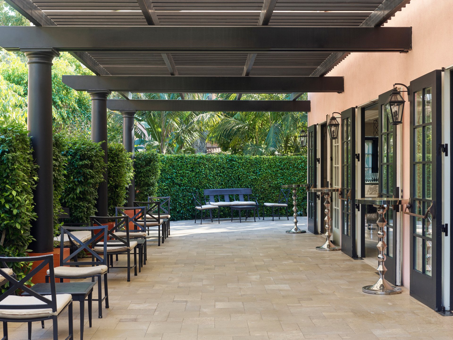The outdoor area of the Garden Ballroom foyer banquet space at Hotel Bel-Air showcasing the indoor-outdoor feature of this space. 