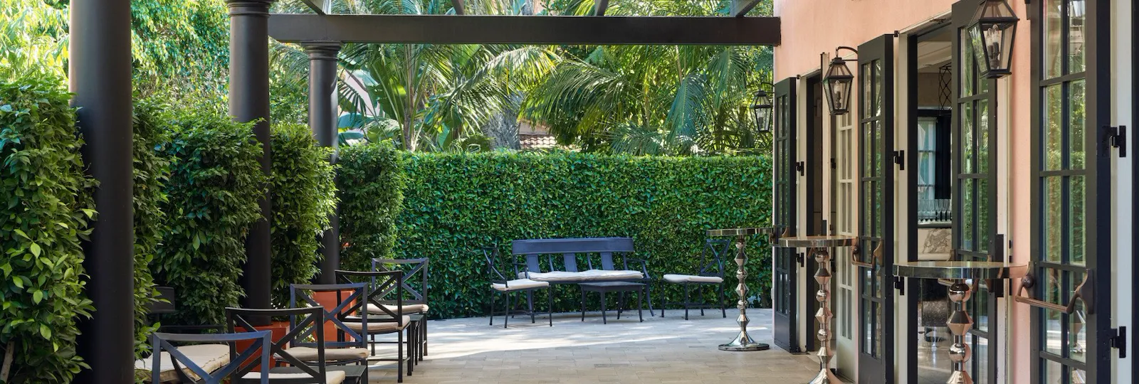 The outdoor area of the Garden Ballroom foyer banquet space at Hotel Bel-Air showcasing the indoor-outdoor feature of this space.