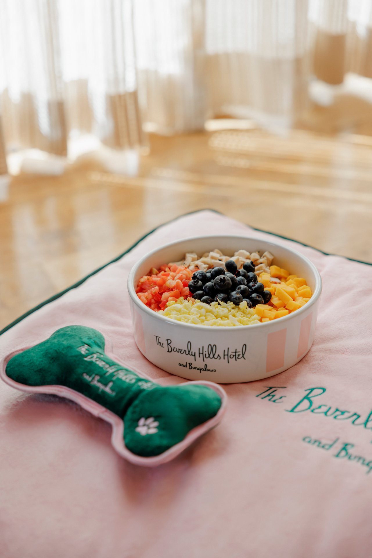 Colorful fruit bowl and toy bone on bed with soft sunlight in cozy room setting