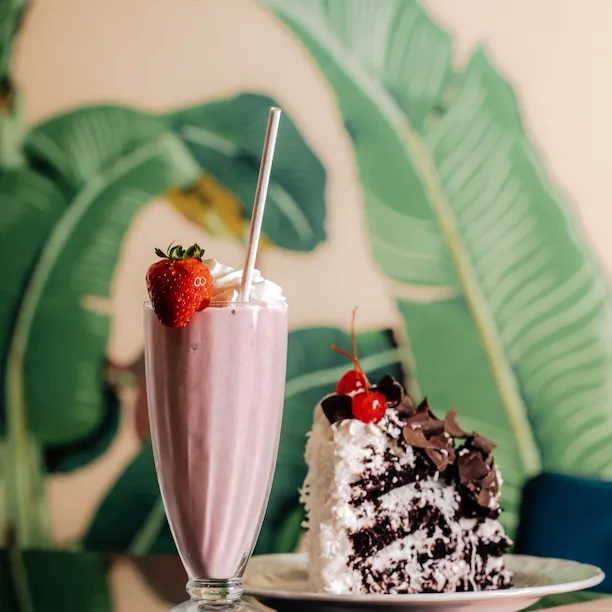 Coconut Cake and Strawberry Milkshake from the Fountain Coffee Room at The Beverly Hills Hotel